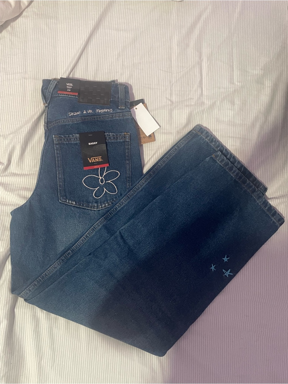 Vans Women's Dark Blue Relaxed Baggy Jeans with Floral Pocket Stitch